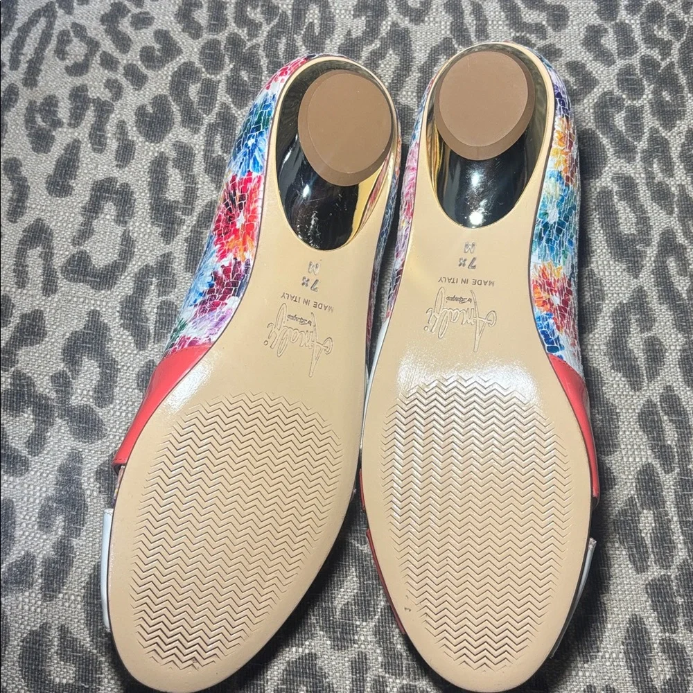 NWOT Amalfi patent leather open toe colorful Resortwear gold heel classic 7.5